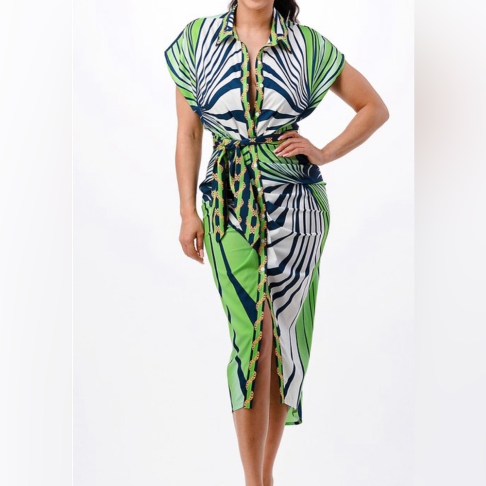 Green & Navy Abstract Print Shirt Dress